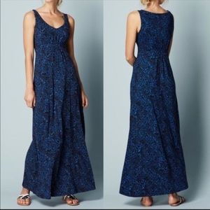 Boden Paisley Maxi Dress 10 Women’s Blue Black Sleeveless Flowy V-Neck Ruched